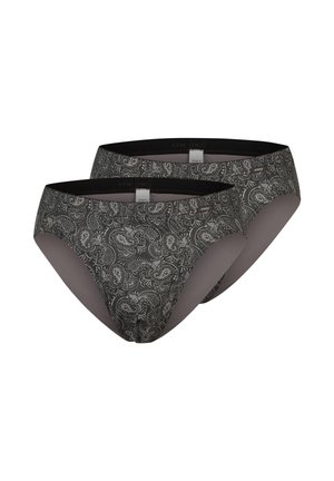 To sorte og grå briefs med paisley-mønster og sort linning, vist side om side på en hvid baggrund.