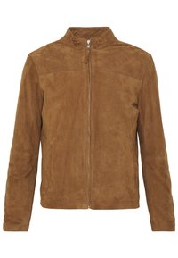 Brun mockasinjacka med ståkrage, blixtlås framtill och två sidfickor. Slät textur och minimalistisk design utan synliga mönster.