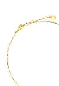 Złota bransoletka z delikatnym łańcuchem, z zapięciem typu homar i małą owalną zawieszką wygrawerowaną napisem "TAURUS". Prosty, elegancki design.