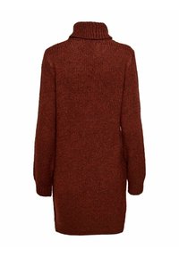 Robe-pull à col roulé en tricot couleur rouille à manches longues, vue de dos avec poignets et col côtelés.