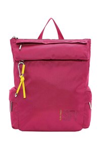 Pink nylon backpack featuring a top zipper closure, front pocket, and yellow zipper pull. Includes a top handle and textured surface.