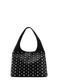 Borsa a spalla nera con manici arrotondati, caratterizzata da una superficie texturizzata e occhielli metallici disposti in un motivo sulla parte anteriore.