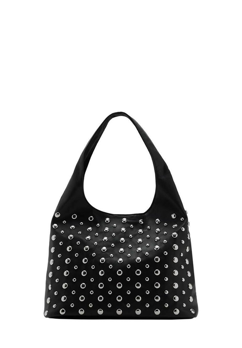 Borsa a spalla nera con manici arrotondati, caratterizzata da una superficie texturizzata e occhielli metallici disposti in un motivo sulla parte anteriore.