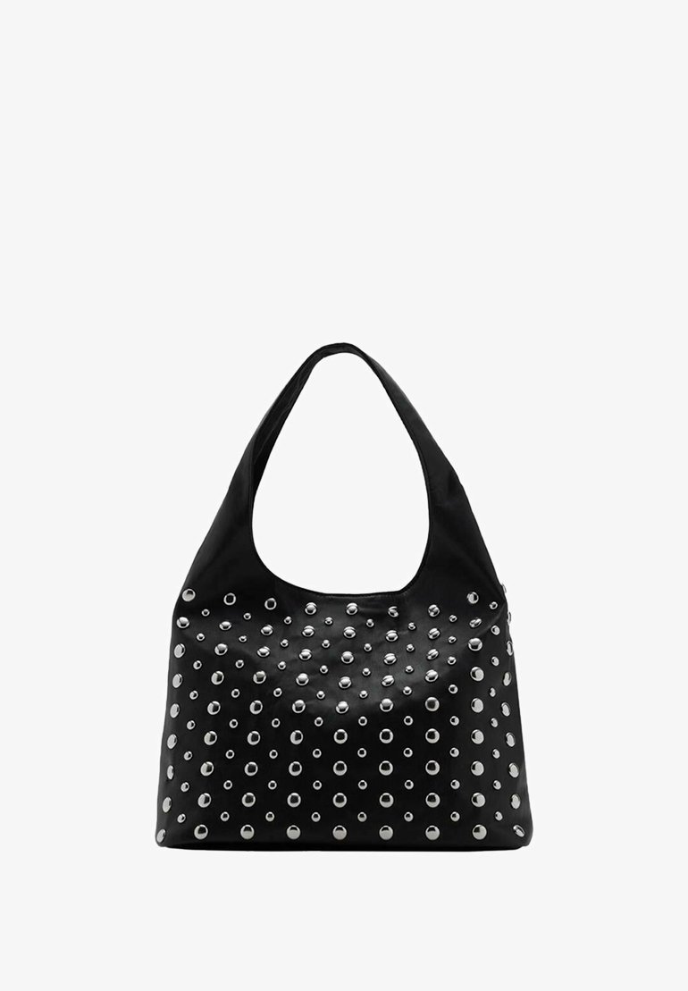 Borsa a spalla nera con manici arrotondati, caratterizzata da una superficie texturizzata e occhielli metallici disposti in un motivo sulla parte anteriore.