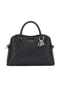 Sac à main noir matelassé avec poignées arrondies, matériel en ton doré, et un charme de logo pendentif. Présente une finition texturée et un motif en diamant.