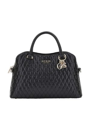 Sac à main noir matelassé avec poignées arrondies, matériel en ton doré, et un charme de logo pendentif. Présente une finition texturée et un motif en diamant.