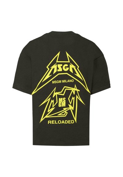 Czarna bawełniana koszulka z odważnymi, żółtymi nadrukami "MSGM" i "RELOADED" w designie błyskawicy na plecach.