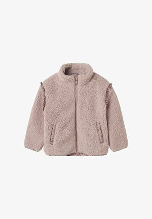 Rosa Fleecejacke mit hohem Kragen, Frontreißverschluss, Rüschendetails an den Ärmeln und zwei Seitentaschen. Weicher, strukturierten Oberflächen.