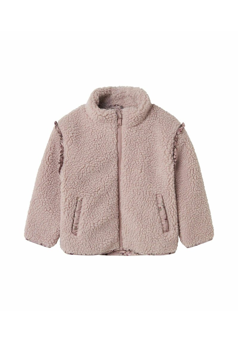 Pink fleece jacket with a high collar, front zipper, ruffled accents on sleeves, and two side pockets. Soft, textured finish.