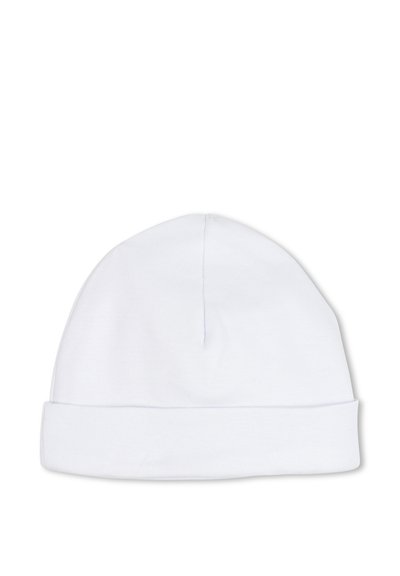 Bonnet tricoté blanc uni avec un revers plié, présenté sur un fond blanc.