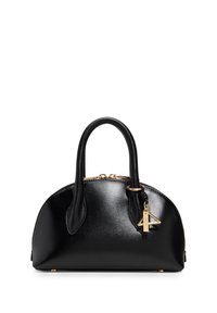 Sac à main en cuir noir de forme arrondie, avec des poignées doubles, quincaillerie dorée et un accent de porte-clés. Texture lisse, fermeture éclair.