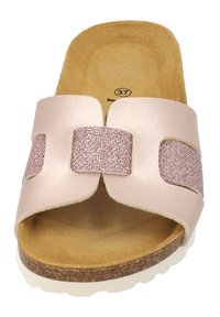 Roze leren slipper sandaal met een gestructureerde rosegouden accent en een kurken voetbed. Witte rubberen zool. Open teen ontwerp met een ronde vorm.