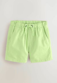Hellgrüne Shorts aus weichem Stoff mit elastischem Bund, Zugbandverschluss und zwei Seitentaschen. Glatte Textur, knielanger Schnitt.