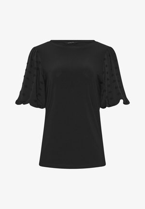 Top negro de manga corta con un cuerpo principal liso y mangas abullonadas transparentes que presentan patrones de puntos en relieve, escote redondo y corte regular.