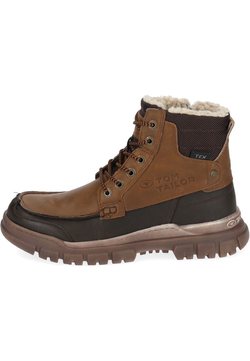 Brown leather ankle boots with a textured upper, fleece lining, and rubber sole. Features metal eyelets and laces for secure fit.