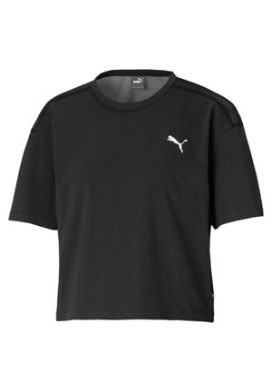 Camiseta negra de manga corta Puma con cuello redondo, con un logo blanco de Puma en el pecho izquierdo y un corte holgado y cuadrado.
