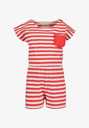 Gestreifter Overall in rot und weiß mit kurzen Ärmeln, einer Tasche mit Rüschendetail und einem elastischen Bund für zusätzlichen Komfort.