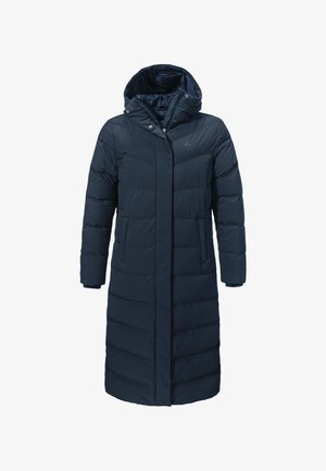 Navy blue padded long coat with a hood, featuring a zip front, snap buttons, and vertical quilted texture. Front pockets and logo detail included.