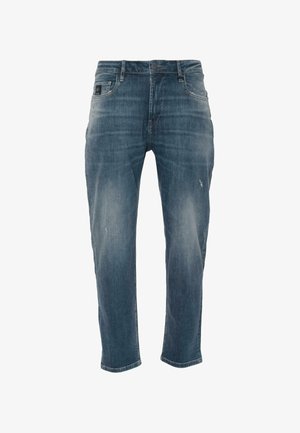 Jeans in denim di colore blu sbiadito con taglio dritto. Presentano una chiusura con zip, cinque tasche e una leggera usura.