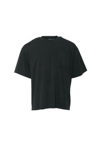 Černé oversized tričko vyrobené z bavlny. Má krátké rukávy, kulatý výstřih a kapsu na levé straně hrudi. Měkká textura, jednoduchý design.