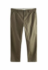 Pantalones de algodón verde oliva con una textura suave, bolsillos frontales y cierre de cremallera, con un único botón y detalles de costura.