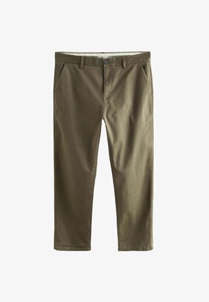 Olive roheline puuvillane püksid, millel on sile tekstuur, ees taskud ja lukuga sulgemine, esitades ühe nööbi ja õmblustega detailid.