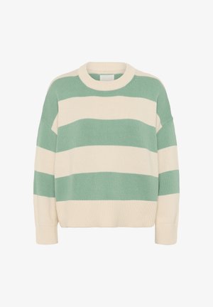 Gestreepte trui in pastelgroen en crème, gemaakt van gebreide stof. Beschikt over een ronde hals, een ruime pasvorm en geribbelde manchetten aan de mouwen.