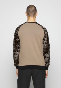 Felpa marrone con maniche nere a motivo. Il corpo principale è liscio, mentre le maniche presentano un audace design geometrico. Polsi a coste neri.