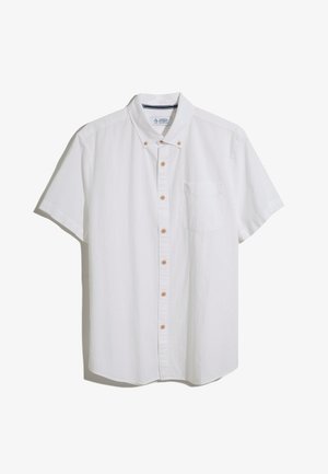 Kurze Ärmel, weißes Hemd mit Knöpfen aus leichtem Stoff. Verfügt über eine Brusttasche auf der linken Seite und braune Knöpfe entlang der Knopfleiste.