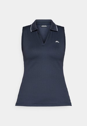 Mørkeblå ermeløs polo topp med ribbestruktur, v-halskrage og hvite detaljer i sømmen. Har en liten logo på brystet.