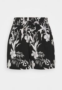 Zwarte shorts met een witte tropische bloemenprint, elastische tailleband en een voorste trekkoord.
