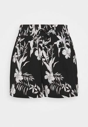 Zwarte shorts met een witte tropische bloemenprint, elastische tailleband en een voorste trekkoord.
