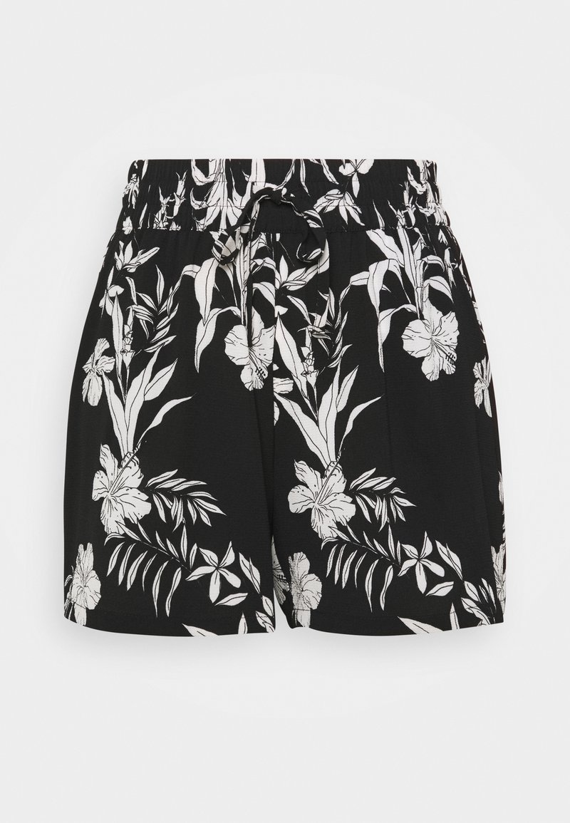 Zwarte shorts met een witte tropische bloemenprint, elastische tailleband en een voorste trekkoord.