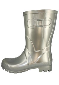 Grijze rubberen regenlaars met een glanzende afwerking, gespdetail, ronde neus en een gestructureerde zool ontworpen voor grip.