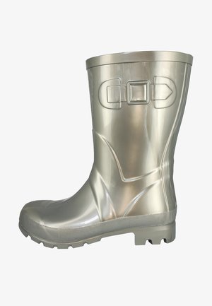 Grauer Gummiregenstiefel mit glänzender Oberfläche, Schnalle, abgerundeter Zehenpartie und strukturiertem Profil, das für guten Halt sorgt.