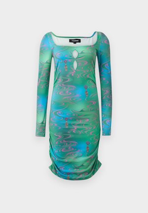 Sukienka z długim rękawem w zielono-niebieski wirujący wzór, z kwadratowym dekoltem, wycięciem w kształcie łezki i marszczeniami na dole.