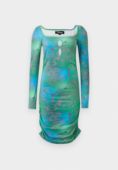 Μακρυμάνικο φόρεμα με σχέδιο σε πράσινους και μπλε σπείρες, που διαθέτει τετράγωνη λαιμόκοψη, επιτοίχιο ανοξείδωτο και συγκεντρωμένη λεπτομέρεια στο στρίφωμα.