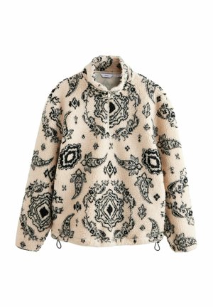 Mikina z fleecu v svetlej broskyňovej farbe s čiernym paisley vzorom. Obsahuje polovičný zips a elastickú šnúrku na dolnom leme. Mäkkučká textura.