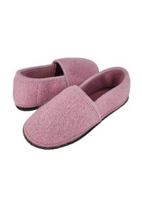 Pink felt slippers with a rounded toe, elastic band across the instep, and black rubber sole. Soft texture with stitched detailing.
