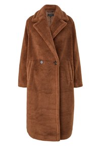 Abrigo de piel sintética marrón largo con solapas amplias, dos botones en la parte delantera y bolsillos laterales, diseñado para el clima frío.