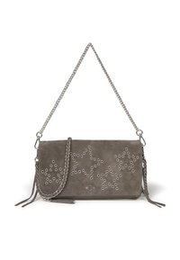 Gray suede clutch bag with silver chain strap, featuring star-shaped cutouts and grommets, decorative fringed accents, and zip closure.