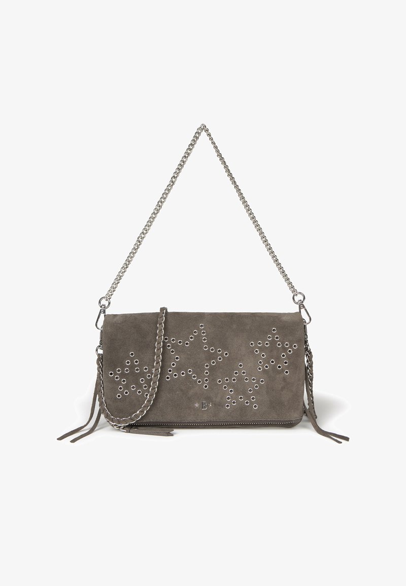 Gray suede clutch bag with silver chain strap, featuring star-shaped cutouts and grommets, decorative fringed accents, and zip closure.