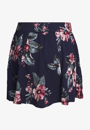 Blumiger Rock aus dunkelblauem Stoff mit rosa und grünen Blumenmustern, einem elastischen Bund und einem plissierten Design für eine fließende Silhouette.