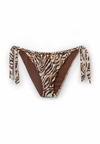 Bruna bikiniunderdelar med zebramönster i vitt och mörkbrunt. Har knytband på sidorna och en slät textur. Designad för en låg midja.
