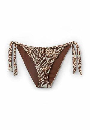 Bruna bikiniunderdelar med zebramönster i vitt och mörkbrunt. Har knytband på sidorna och en slät textur. Designad för en låg midja.
