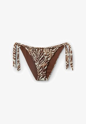 Braune Bikiniunterhose mit Zebra-Muster in Weiß und Dunkelbraun. Mit seitlichen Bindebändern und einer glatten Textur ausgestattet. Entworfen für einen tief sitzenden Schnitt.