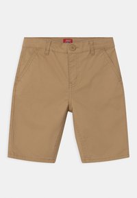 Kaki šortky z hladké, lehké látky. Mají přední zapínání na knoflík, dvě boční kapsy a detailní švy podél švů.