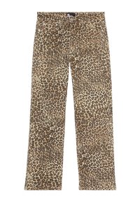 Pantalones de leopardo con una paleta de colores marrón y beige, diseño de pierna recta y estilo de cinco bolsillos en una textura similar al denim.