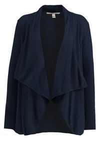 Marinblå lätt cardigan i mjukt material. Har en öppen front och draperad design med långa ärmar och inga knäppningar.