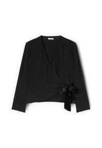 Top avvolgente nero realizzato in materiale morbido, con maniche lunghe, scollo a V profondo e un dettaglio in velours a fiocco di lato.